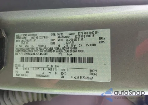 2020 Ford F-150 Xlt from USA, damaged, VIN 1FTEW1E41LKF45039